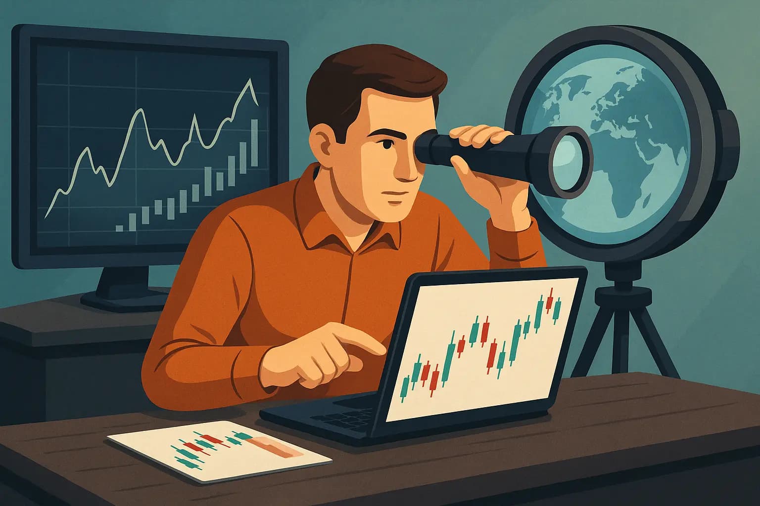 Picture depicts a man doing macro analysis along with technical analysis.